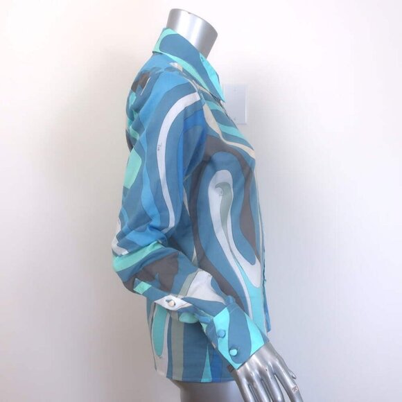 Emilio Pucci Marmo Print Shirt Blue Cotton Voile Size US 8 Long Sleeve Top - Picture 3 of 8